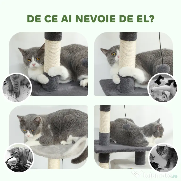 PawHut Ansamblu de joacă pentru pisici cu căsuță, Culcuș, Stâlpi și Covor, 85cm, Gri | Aosom Romania