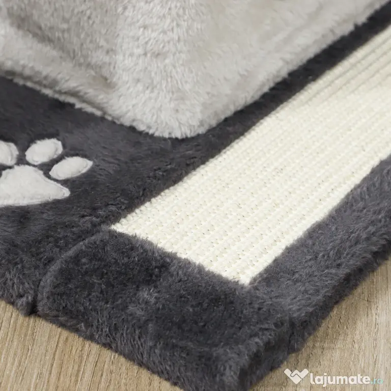 PawHut Ansamblu de joacă pentru pisici cu căsuță, Culcuș, Stâlpi și Covor, 85cm, Gri | Aosom Romania