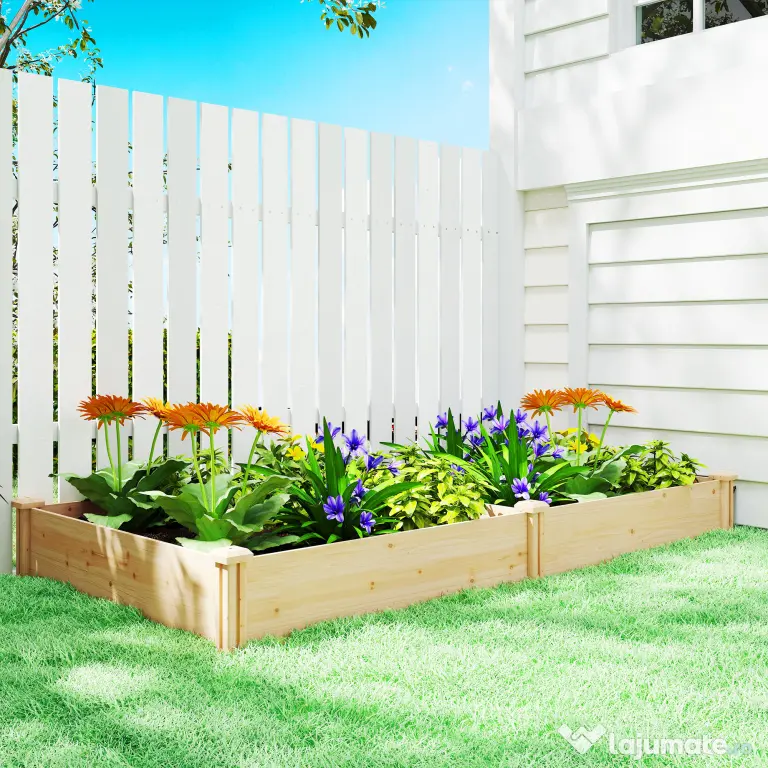 Outsunny Grădină Ridicată de Exterior cu Separator Central și Bază Deschisă, Jardinieră din Lemn de Brad, pentru Flori, Legume, Balcon sau Grădină, 235x121x26 cm, Culoare Lemn | Aosom Romania