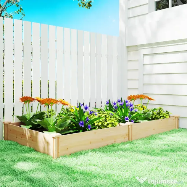 Outsunny Grădină Ridicată de Exterior cu Separator Central și Bază Deschisă, Jardinieră din Lemn de Brad, pentru Flori, Legume, Balcon sau Grădină, 235x121x26 cm, Culoare Lemn | Aosom Romania
