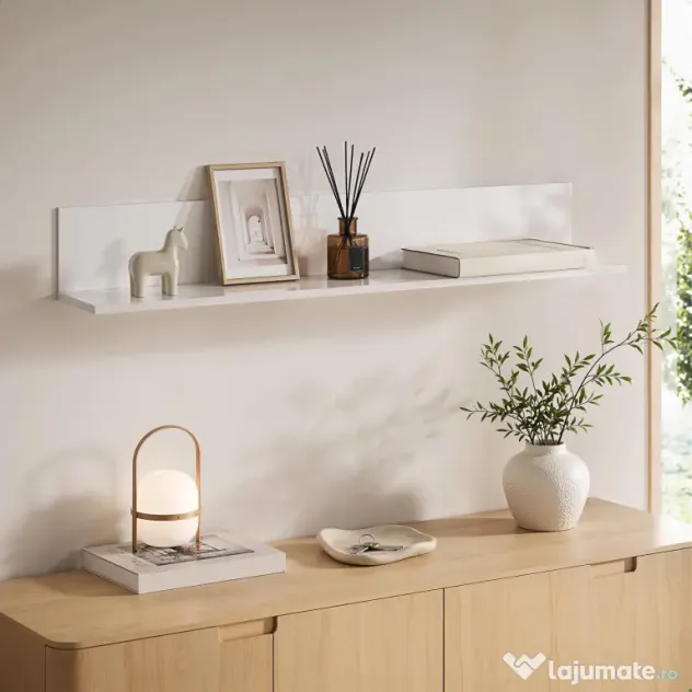 HOMCOM Etajeră de Perete pentru Living și Dormitor, Grosime 1,5 cm, Raft Suspendat din Lemn, 127x12x18 cm, Alb Lucios | Aosom Romania