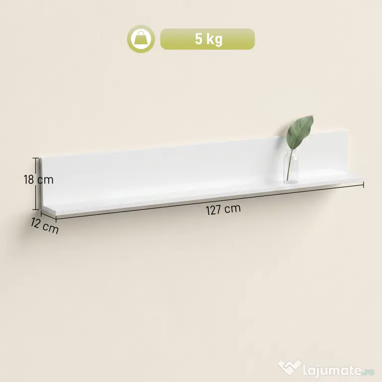 HOMCOM Etajeră de Perete pentru Living și Dormitor, Grosime 1,5 cm, Raft Suspendat din Lemn, 127x12x18 cm, Alb Lucios | Aosom Romania