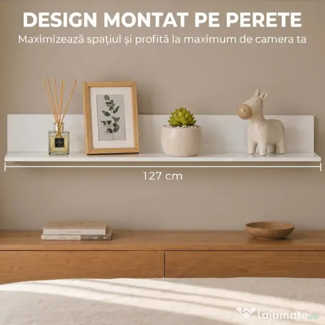 HOMCOM Etajeră de Perete pentru Living și Dormitor, Grosime 1,5 cm, Raft Suspendat din Lemn, 127x12x18 cm, Alb Lucios | Aosom Romania