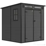 Outsunny Căsuță de Grădină cu 2 Intrări, 3 Ferestre și Guri de Aerisire, din PP și Aluminiu, 182x182x196 cm, Gri Închis | Aosom Romania