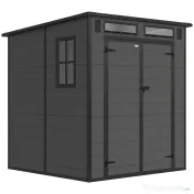 Outsunny Căsuță de Grădină cu 2 Intrări, 3 Ferestre și Guri de Aerisire, din PP și Aluminiu, 182x182x196 cm, Gri Închis | Aosom Romania 