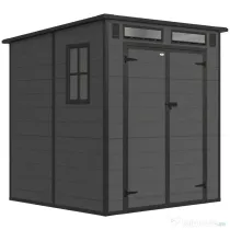 Outsunny Căsuță de Grădină cu 2 Intrări, 3 Ferestre și Guri de Aerisire, din PP și Aluminiu, 182x182x196 cm, Gri Închis | Aosom Romania