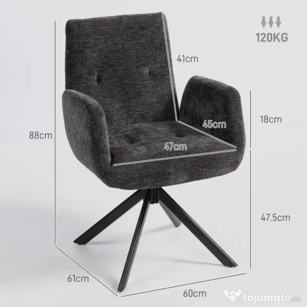 HOMCOM Fotoliu Rotativ pentru Dormitor, Material Textil cu Aspect de In și Picioare Înclinate din Oțel, Negru | Aosom Romania
