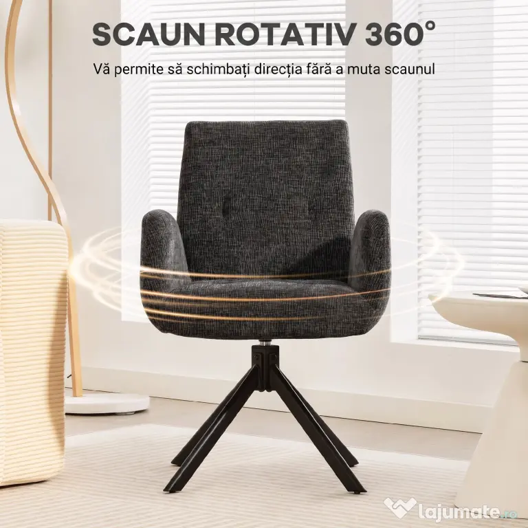 HOMCOM Fotoliu Rotativ pentru Dormitor, Material Textil cu Aspect de In și Picioare Înclinate din Oțel, Negru | Aosom Romania