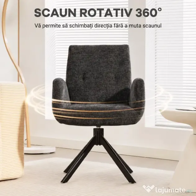 HOMCOM Fotoliu Rotativ pentru Dormitor, Material Textil cu Aspect de In și Picioare Înclinate din Oțel, Negru | Aosom Romania