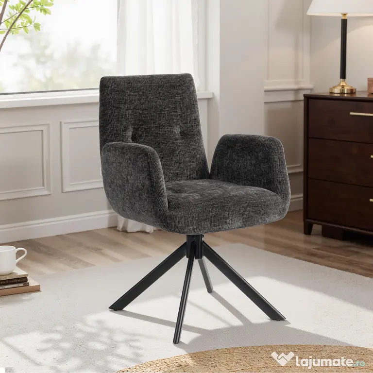 HOMCOM Fotoliu Rotativ pentru Dormitor, Material Textil cu Aspect de In și Picioare Înclinate din Oțel, Negru | Aosom Romania