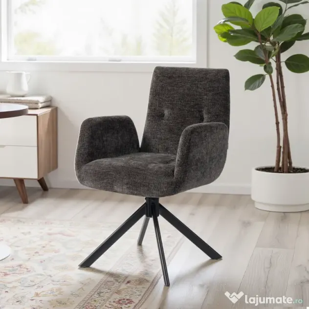 HOMCOM Fotoliu Rotativ pentru Dormitor, Material Textil cu Aspect de In și Picioare Înclinate din Oțel, Negru | Aosom Romania