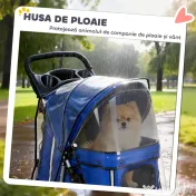 PawHut Cărucior pentru Câini Pliabil cu Husă de Ploaie, Roți Pivotante și Pernă Lavabilă, 77x44x102 cm, Albastru | Aosom Romania 