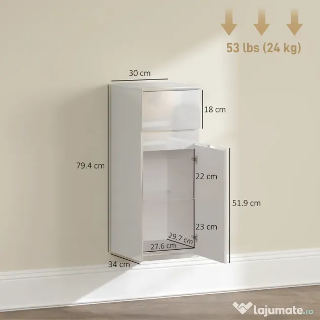 HOMCOM Dulap de Baie Suspendat cu Sertar și Ușă Lucioasă, Raft Reglabil din Sticlă Securizată, 30x34x79,4 cm, Alb Lucios | Aosom Romania