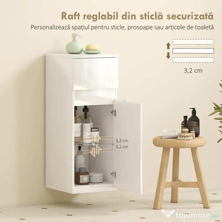 HOMCOM Dulap de Baie Suspendat cu Sertar și Ușă Lucioasă, Raft Reglabil din Sticlă Securizată, 30x34x79,4 cm, Alb Lucios | Aosom Romania
