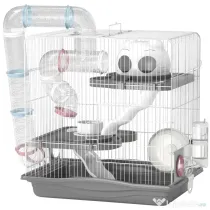 PawHut Cușcă pentru Hamsteri cu 3 Niveluri, Roată de Exerciții, Rezervor de Apă, Bol pentru Hrană, pentru Hamsteri Pitici, 45 x 30 x 45 cm, Gri | Aosom Romania