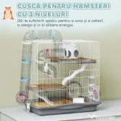 PawHut Cușcă pentru Hamsteri cu 3 Niveluri, Roată de Exerciții, Rezervor de Apă, Bol pentru Hrană, pentru Hamsteri Pitici, 45 x 30 x 45 cm, Gri | Aosom Romania 