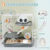 PawHut Cușcă pentru Hamsteri cu 3 Niveluri, Roată de Exerciții, Rezervor de Apă, Bol pentru Hrană, pentru Hamsteri Pitici, 45 x 30 x 45 cm, Gri | Aosom Romania 