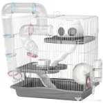 PawHut Cușcă pentru Hamsteri pe 3 Niveluri și 14 Tuburi cu Căsuță, Rampă și Accesorii, din Metal și Plastic, 45x30x45 cm, Gri