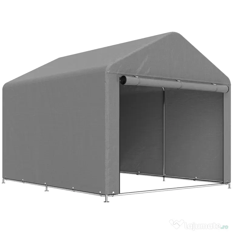 Outsunny 2x2.4 m Cort pentru Depozitare în Grădină, Cort Garaj cu Acoperire Impermeabilă, Ușă Rulabilă cu Fermoar, pentru Biciclete și Unelte, Metal Zincat, Gri Deschis | Aosom Romania