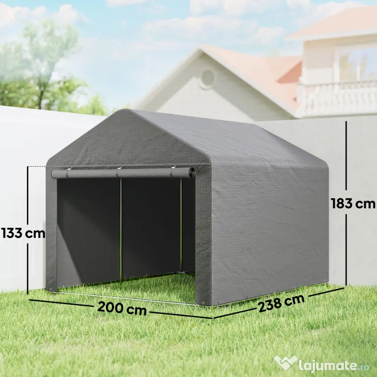 Outsunny 2x2.4 m Cort pentru Depozitare în Grădină, Cort Garaj cu Acoperire Impermeabilă, Ușă Rulabilă cu Fermoar, pentru Biciclete și Unelte, Metal Zincat, Gri Deschis | Aosom Romania