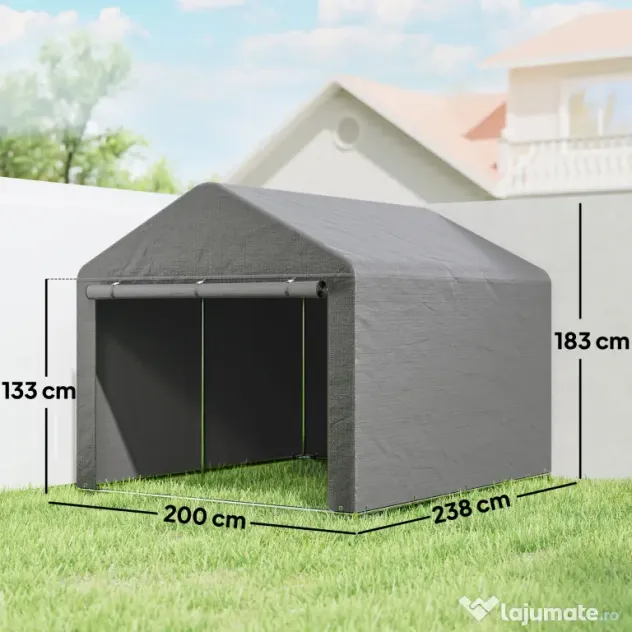 Outsunny 2x2.4 m Cort pentru Depozitare în Grădină, Cort Garaj cu Acoperire Impermeabilă, Ușă Rulabilă cu Fermoar, pentru Biciclete și Unelte, Metal Zincat, Gri Deschis | Aosom Romania