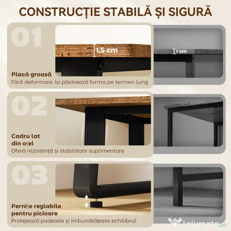 HOMCOM Birou pentru Computer, 120x60x76 cm Birou Lungu cu Colțuri Rotunjite și Structură din Oțel, Masă PC Industrială, pentru Casă, Studiu, Dormitor, Birou, Maro Rustic | Aosom Romania