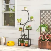 Outsunny Suport pentru Plante cu 8 Rafturi în Formă de S, Suport Ghivece Metalic pentru Interior și Exterior, pentru Grădină, Balcon, Terasă, Cameră de Zi, 74x26x158,5 cm, Negru | Aosom Romania 