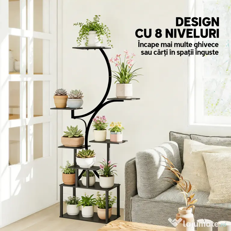 Outsunny Suport pentru Plante cu 8 Rafturi în Formă de S, Suport Ghivece Metalic pentru Interior și Exterior, pentru Grădină, Balcon, Terasă, Cameră de Zi, 74x26x158,5 cm, Negru | Aosom Romania