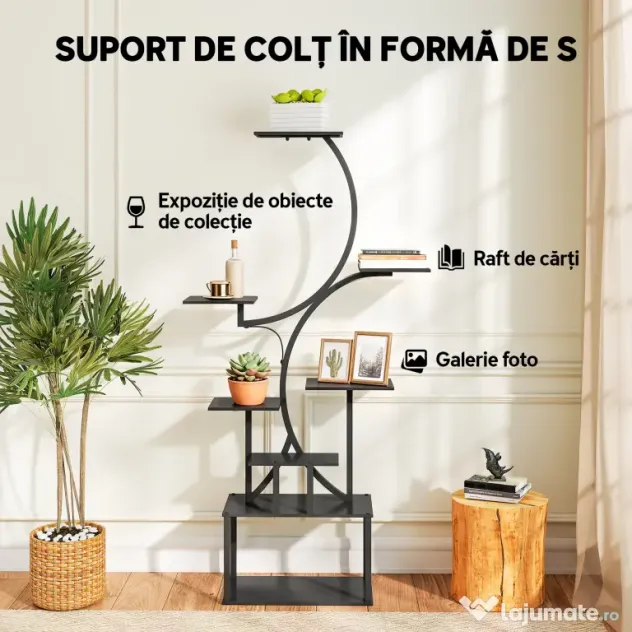 Outsunny Suport pentru Plante cu 8 Rafturi în Formă de S, Suport Ghivece Metalic pentru Interior și Exterior, pentru Grădină, Balcon, Terasă, Cameră de Zi, 74x26x158,5 cm, Negru | Aosom Romania