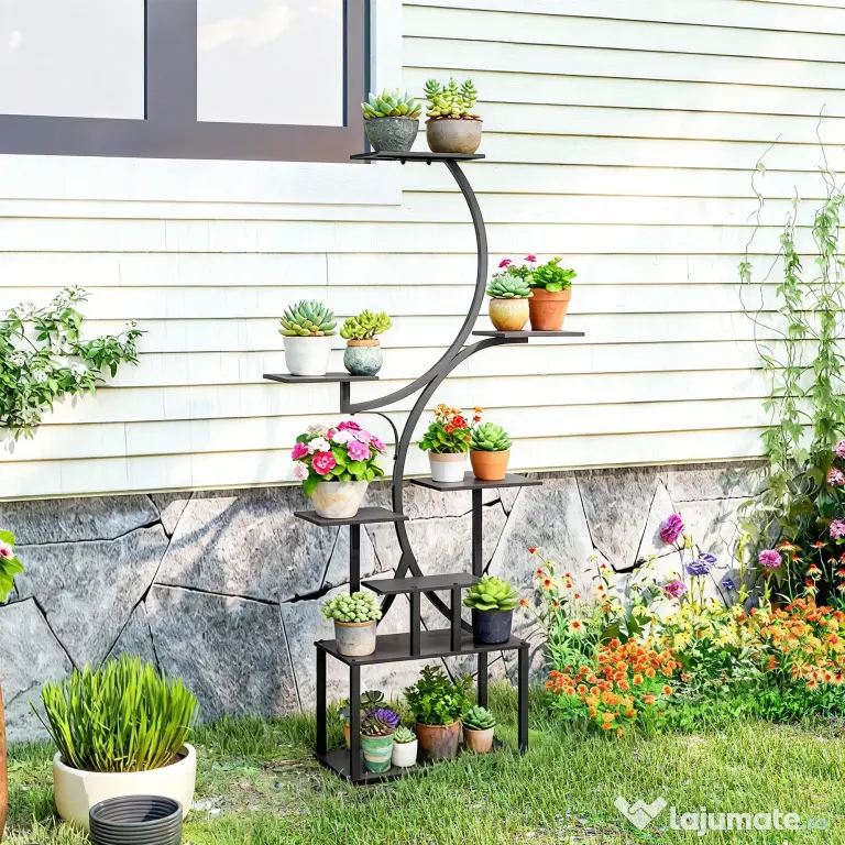 Outsunny Suport pentru Plante cu 8 Rafturi în Formă de S, Suport Ghivece Metalic pentru Interior și Exterior, pentru Grădină, Balcon, Terasă, Cameră de Zi, 74x26x158,5 cm, Negru | Aosom Romania