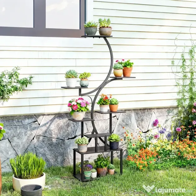 Outsunny Suport pentru Plante cu 8 Rafturi în Formă de S, Suport Ghivece Metalic pentru Interior și Exterior, pentru Grădină, Balcon, Terasă, Cameră de Zi, 74x26x158,5 cm, Negru | Aosom Romania