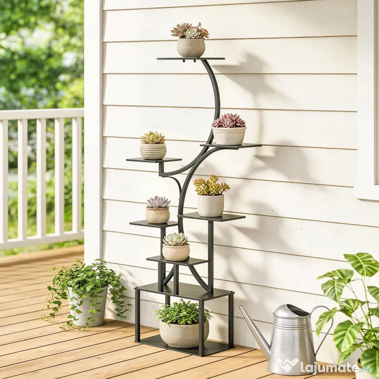 Outsunny Suport pentru Plante cu 8 Rafturi în Formă de S, Suport Ghivece Metalic pentru Interior și Exterior, pentru Grădină, Balcon, Terasă, Cameră de Zi, 74x26x158,5 cm, Negru | Aosom Romania