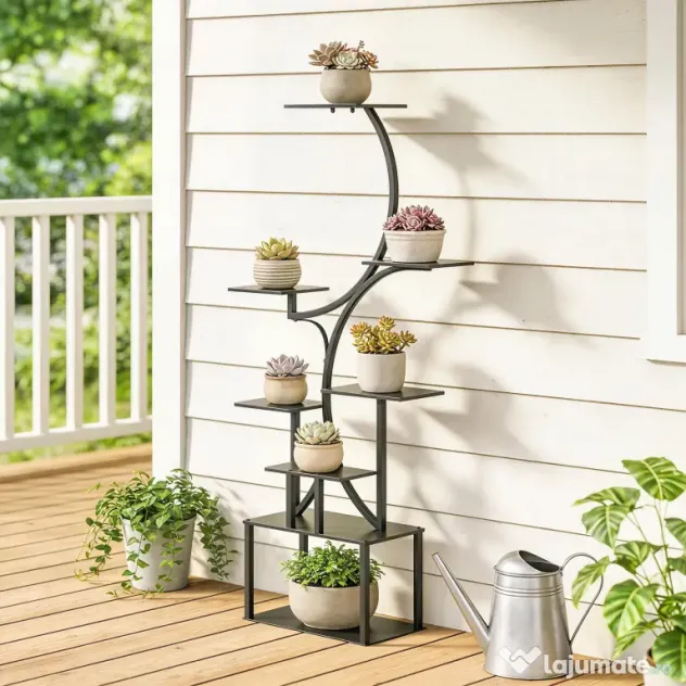 Outsunny Suport pentru Plante cu 8 Rafturi în Formă de S, Suport Ghivece Metalic pentru Interior și Exterior, pentru Grădină, Balcon, Terasă, Cameră de Zi, 74x26x158,5 cm, Negru | Aosom Romania