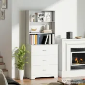 Bibliotecă HOMCOM cu 3 rafturi deschise și 3 sertare, din lemn, 79x39.5x182.2 cm, Alb | Aosom Romania 