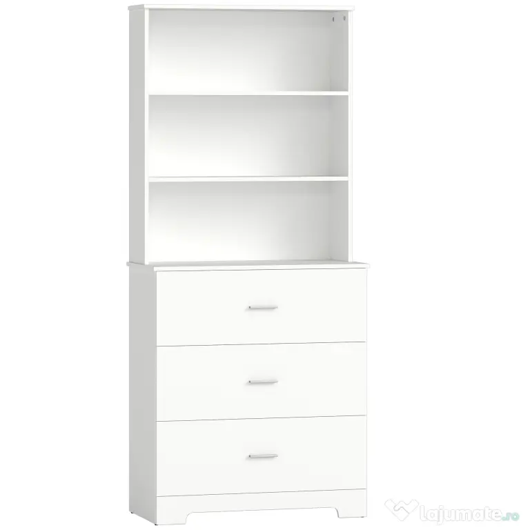 HOMCOM, Bibliotecă de perete, cu 3 rafturi deschise și 3 sertare, din lemn, 79x39,5x182,2 cm, alb