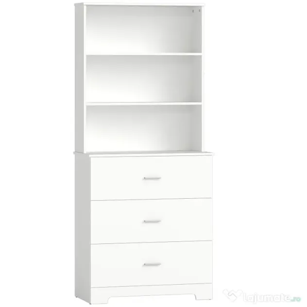 HOMCOM, Bibliotecă de perete, cu 3 rafturi deschise și 3 sertare, din lemn, 79x39,5x182,2 cm, alb