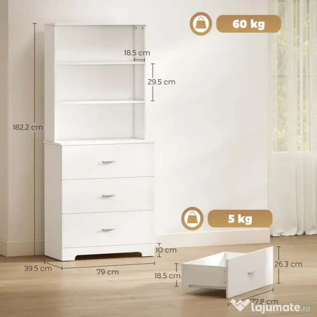 HOMCOM, Bibliotecă de perete, cu 3 rafturi deschise și 3 sertare, din lemn, 79x39,5x182,2 cm, alb