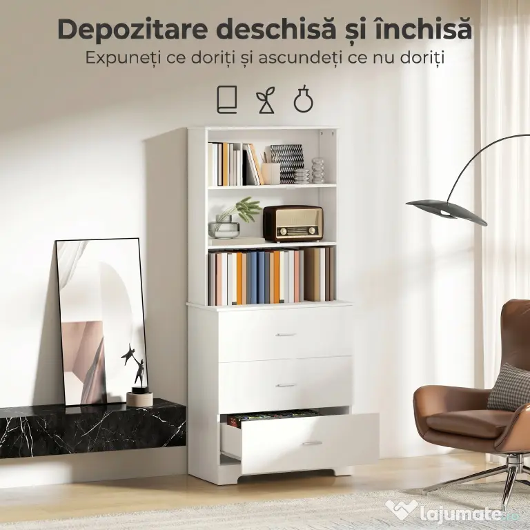 HOMCOM, Bibliotecă de perete, cu 3 rafturi deschise și 3 sertare, din lemn, 79x39,5x182,2 cm, alb