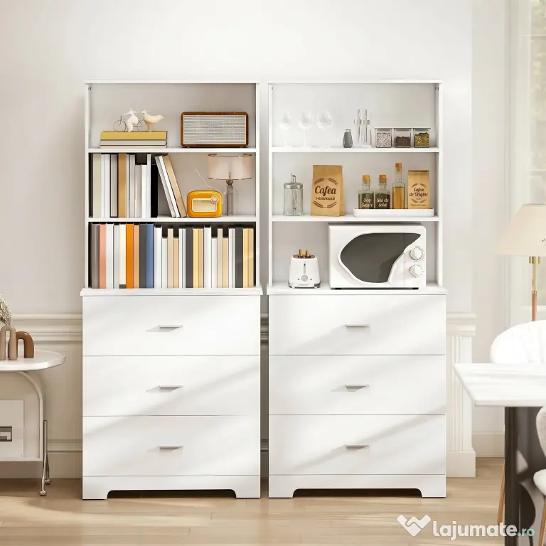 HOMCOM, Bibliotecă de perete, cu 3 rafturi deschise și 3 sertare, din lemn, 79x39,5x182,2 cm, alb