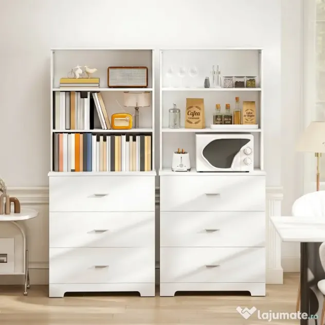 HOMCOM, Bibliotecă de perete, cu 3 rafturi deschise și 3 sertare, din lemn, 79x39,5x182,2 cm, alb