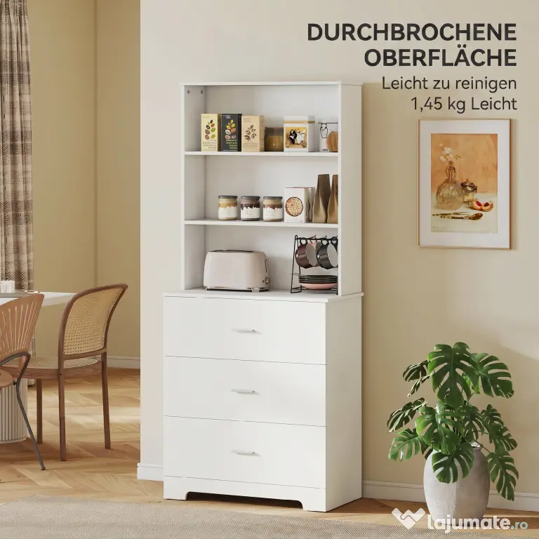 HOMCOM, Bibliotecă de perete, cu 3 rafturi deschise și 3 sertare, din lemn, 79x39,5x182,2 cm, alb