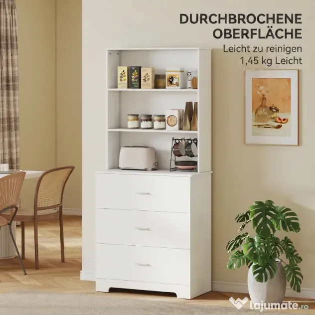 HOMCOM, Bibliotecă de perete, cu 3 rafturi deschise și 3 sertare, din lemn, 79x39,5x182,2 cm, alb