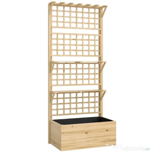 Outsunny Strat Înălțat din Lemn cu Suport și Acoperiș, Fiorieră Elevată pentru Exterior cu 2 Rafturi, Orificiu de Drenare și Material Textil pentru Plante Cățărătoare, Legume și Flori, Natural | Aosom Romania