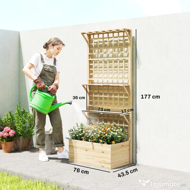 Outsunny Strat Înălțat din Lemn cu Suport și Acoperiș, Fiorieră Elevată pentru Exterior cu 2 Rafturi, Orificiu de Drenare și Material Textil pentru Plante Cățărătoare, Legume și Flori, Natural | Aosom Romania