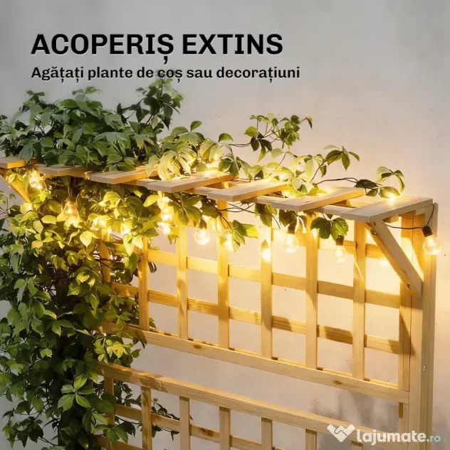 Outsunny Strat Înălțat din Lemn cu Suport și Acoperiș, Fiorieră Elevată pentru Exterior cu 2 Rafturi, Orificiu de Drenare și Material Textil pentru Plante Cățărătoare, Legume și Flori, Natural | Aosom Romania