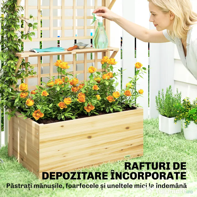 Outsunny Strat Înălțat din Lemn cu Suport și Acoperiș, Fiorieră Elevată pentru Exterior cu 2 Rafturi, Orificiu de Drenare și Material Textil pentru Plante Cățărătoare, Legume și Flori, Natural | Aosom Romania
