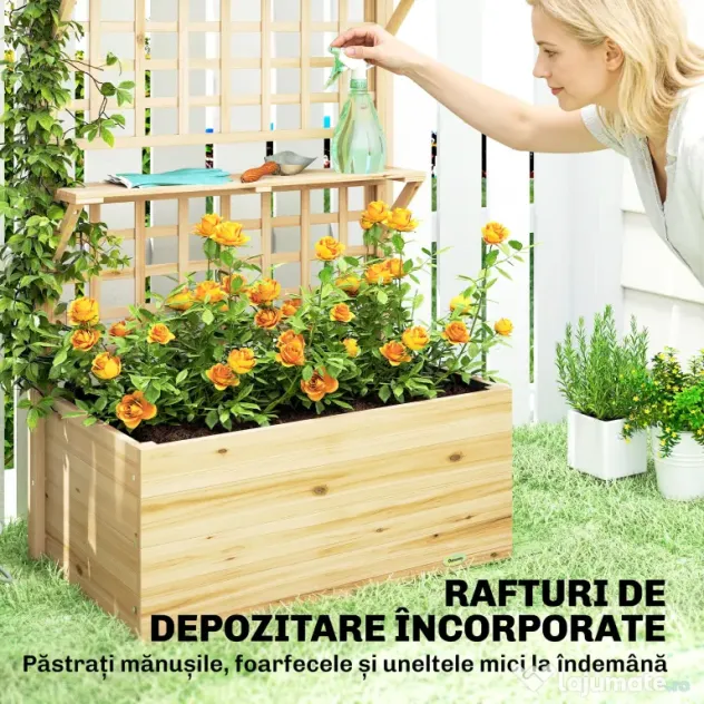 Outsunny Strat Înălțat din Lemn cu Suport și Acoperiș, Fiorieră Elevată pentru Exterior cu 2 Rafturi, Orificiu de Drenare și Material Textil pentru Plante Cățărătoare, Legume și Flori, Natural | Aosom Romania