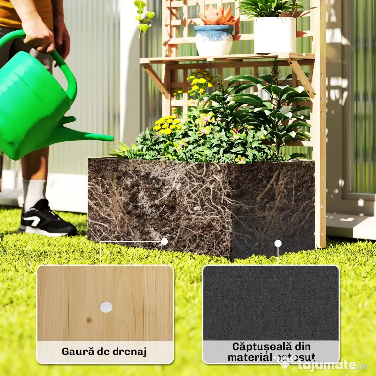 Outsunny Strat Înălțat din Lemn cu Suport și Acoperiș, Fiorieră Elevată pentru Exterior cu 2 Rafturi, Orificiu de Drenare și Material Textil pentru Plante Cățărătoare, Legume și Flori, Natural | Aosom Romania