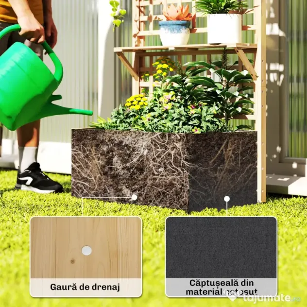 Outsunny Strat Înălțat din Lemn cu Suport și Acoperiș, Fiorieră Elevată pentru Exterior cu 2 Rafturi, Orificiu de Drenare și Material Textil pentru Plante Cățărătoare, Legume și Flori, Natural | Aosom Romania