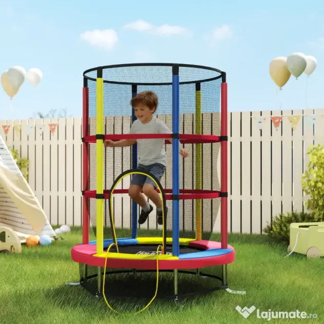 HOMCOM Trambulină pentru Copii 3-6 Ani cu Plasă de Siguranță, fără Arcuri, Ø160x190 cm, Multicoloră